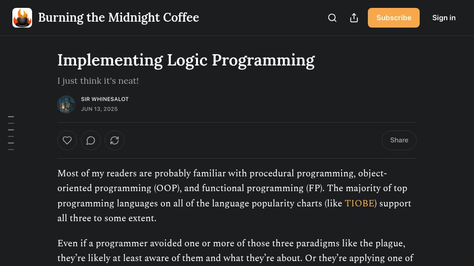 Screenshot of btmc.substack.com: Implementing Logic Programming