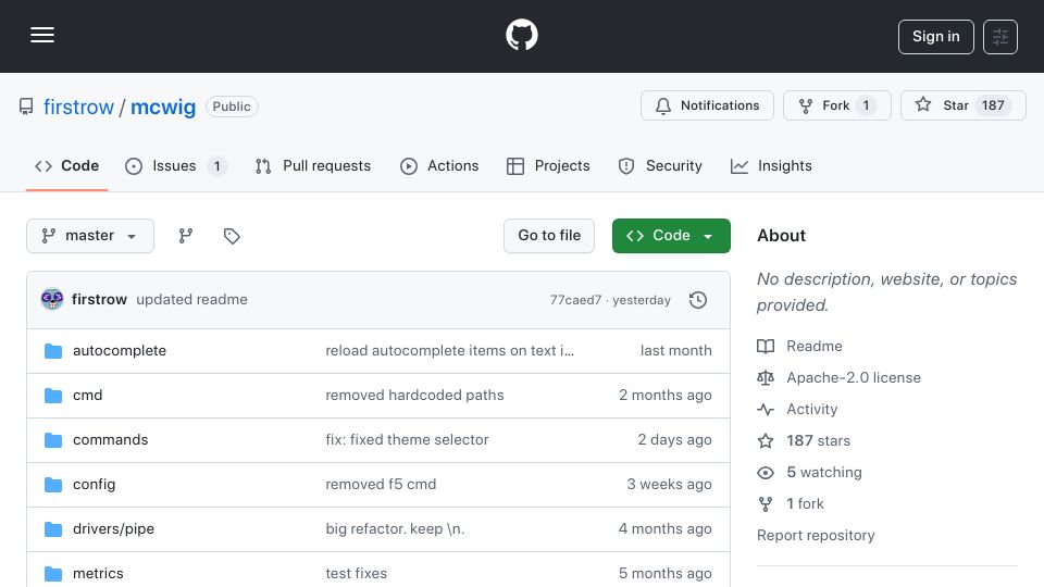 Screenshot of github.com: Show HN: McWig – A modal, Vim-like text editor written in Go