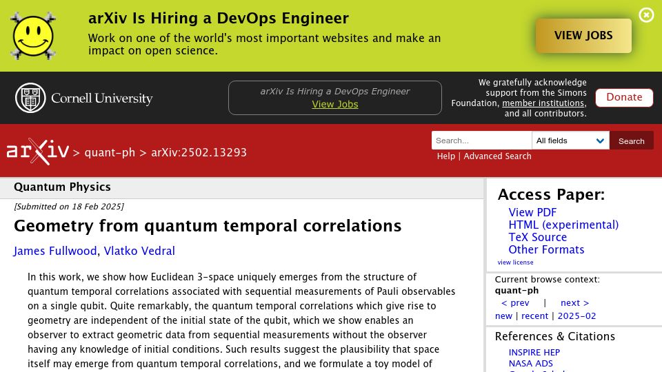 Screenshot of arxiv.org: Geometry from Quantum Temporal Correlations