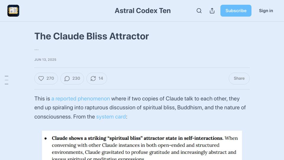 Screenshot of astralcodexten.com: The Claude Bliss Attractor