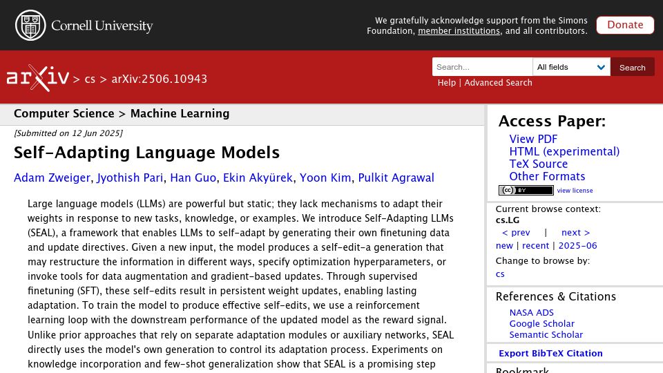 Screenshot of arxiv.org: Self-Adapting Language Models