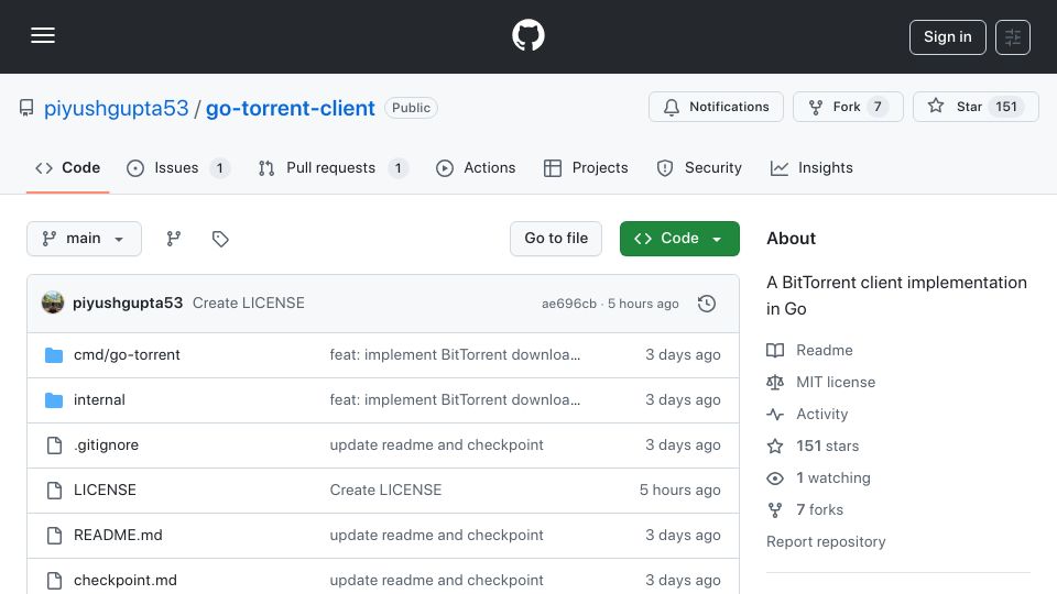 Screenshot of github.com: Show HN: I wrote a BitTorrent Client from scratch