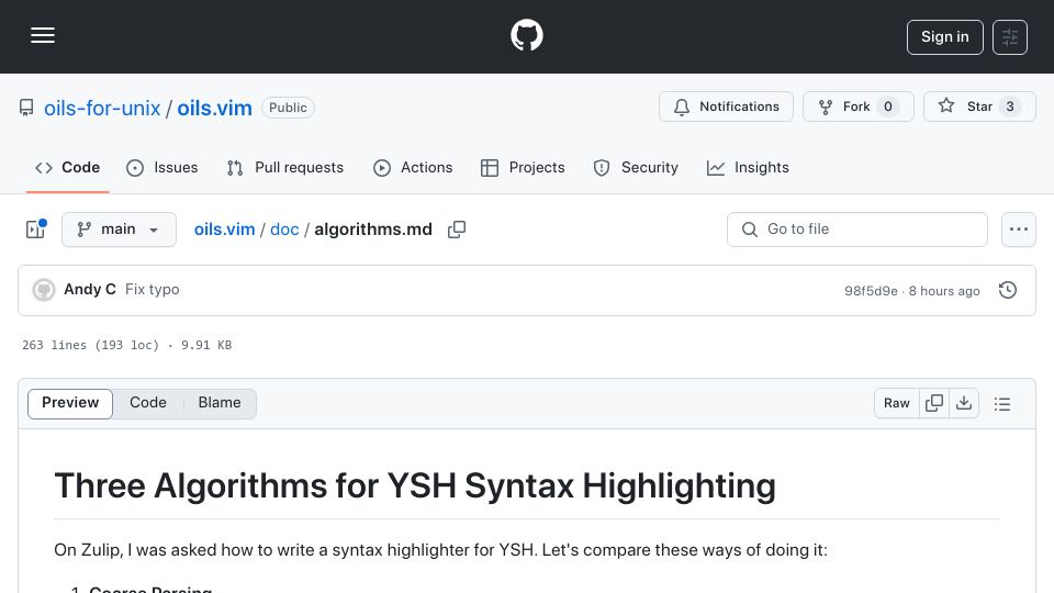 Screenshot of github.com: Three Algorithms for YSH Syntax Highlighting