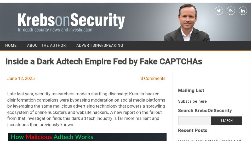 Screenshot of krebsonsecurity.com: A dark adtech empire fed by fake CAPTCHAs