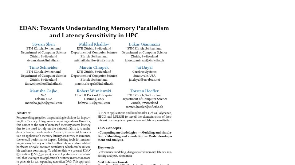 Screenshot of spcl.inf.ethz.ch: EDAN: Towards Understanding Memory Parallelism and Latency Sensitivity in HPC [pdf]