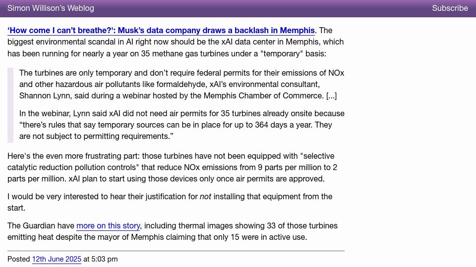 Screenshot of simonwillison.net: 'How come I can't breathe?': Musk's data company draws a backlash in Memphis