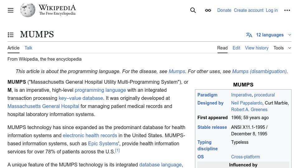 Screenshot of en.wikipedia.org: MUMPS