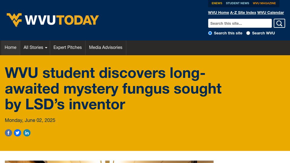 Screenshot of wvutoday.wvu.edu: Student discovers fungus predicted by Albert Hoffman