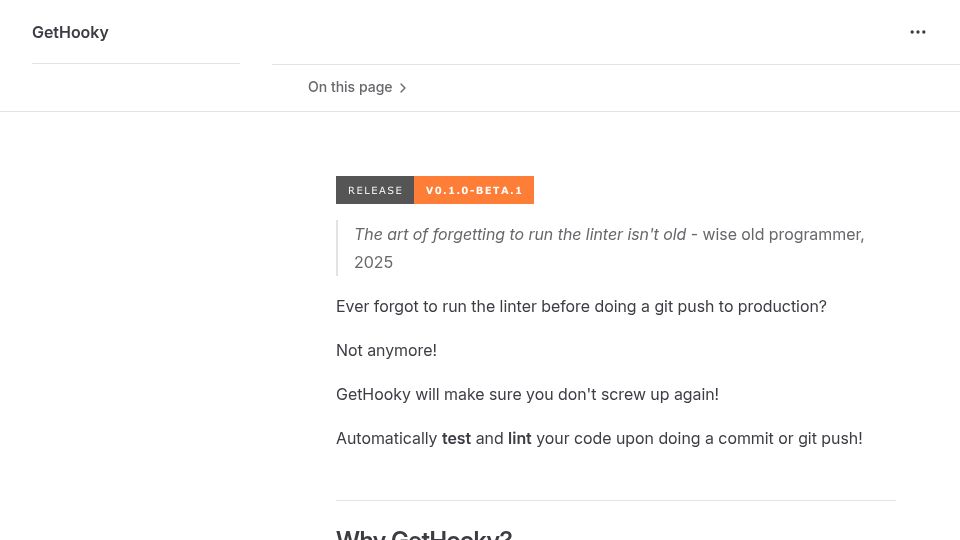 Screenshot of ezpieco.github.io: Show HN: GetHooky – a language-agnostic Git hook manager
