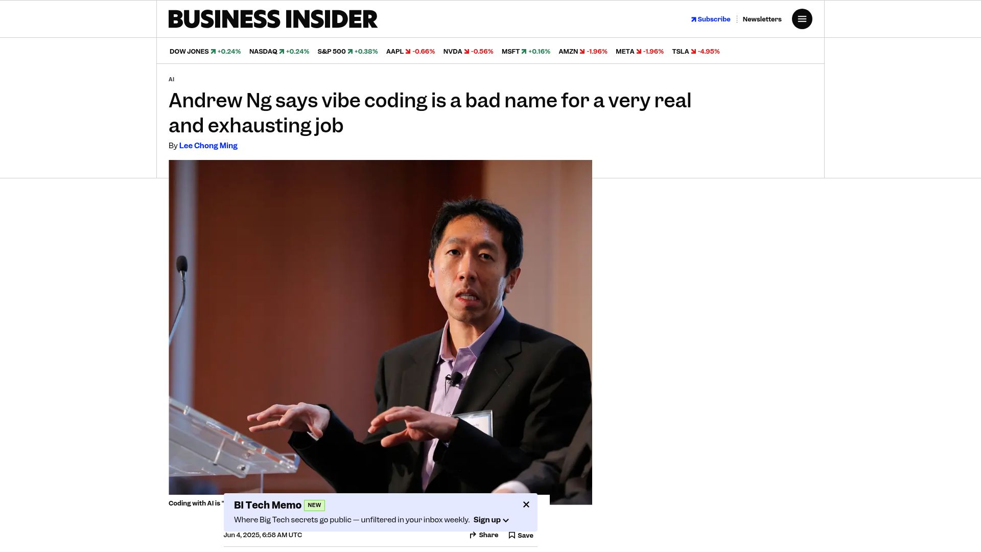 Screenshot of businessinsider.com: Andrew Ng says vibe coding is a bad name for a real and exhausting job