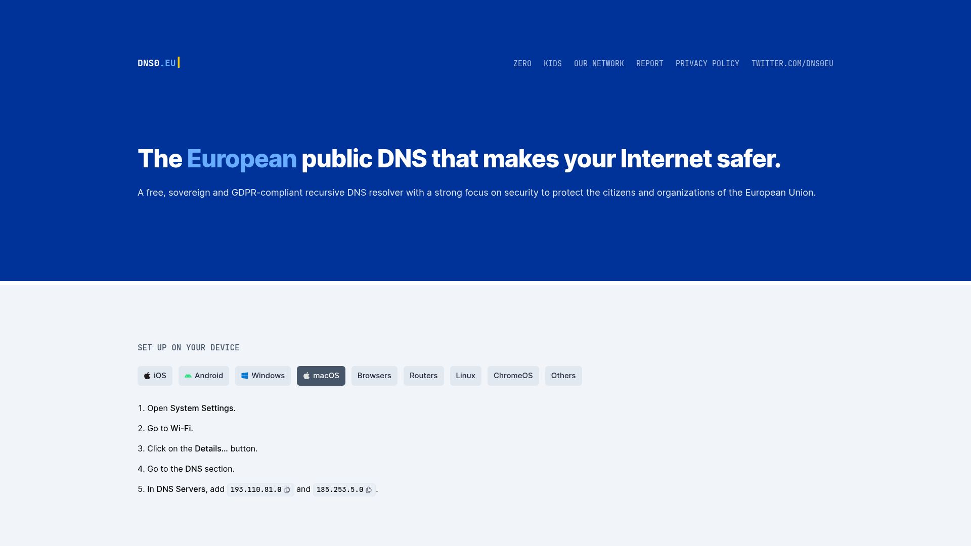 Screenshot of dns0.eu: The European public DNS that makes your Internet safer