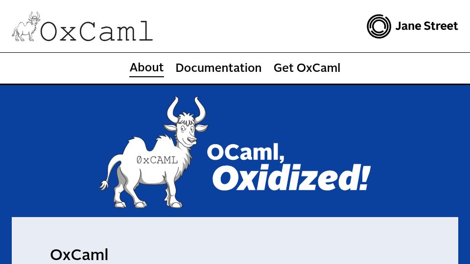 Screenshot of oxcaml.org: OxCaml - a set of extensions to the OCaml programming language.
