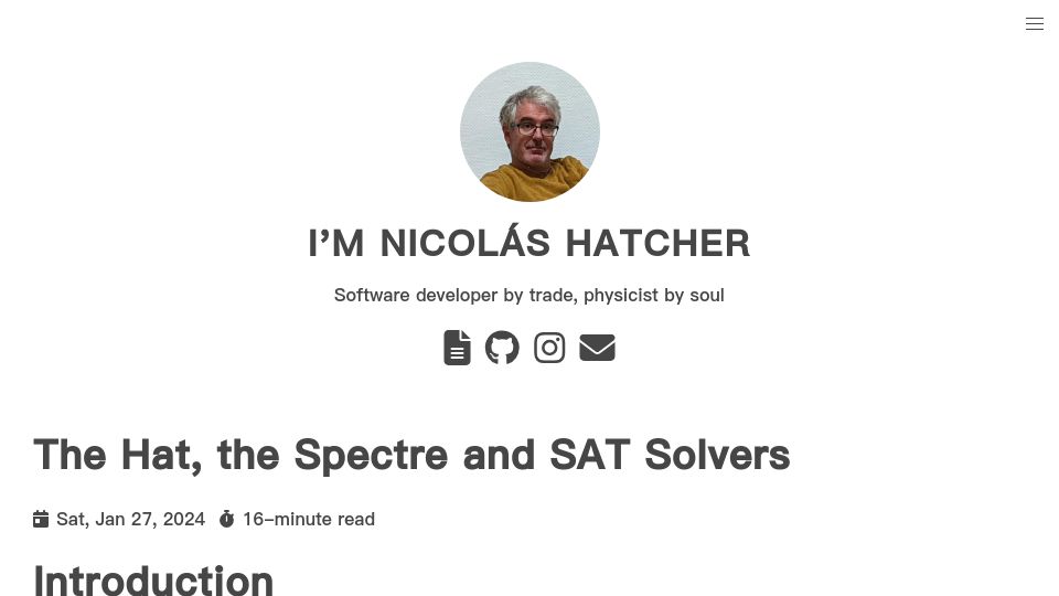 Screenshot of nhatcher.com: The Hat, the Spectre and SAT Solvers (2024)