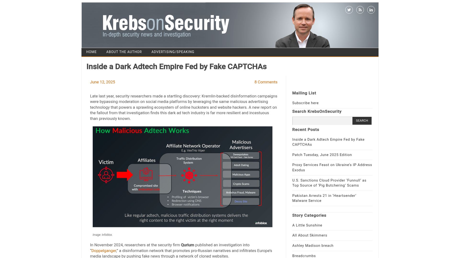 Screenshot of krebsonsecurity.com: A dark adtech empire fed by fake CAPTCHAs