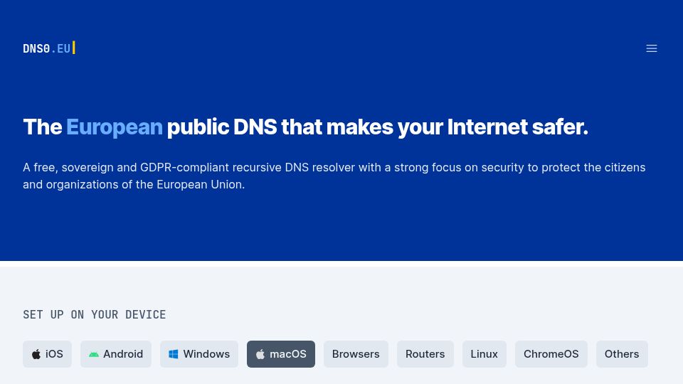 Screenshot of dns0.eu: The European public DNS that makes your Internet safer