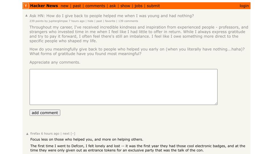 Screenshot of Hacker News post: Ask HN: How do I give back to people helped me when I was young and had nothing?
