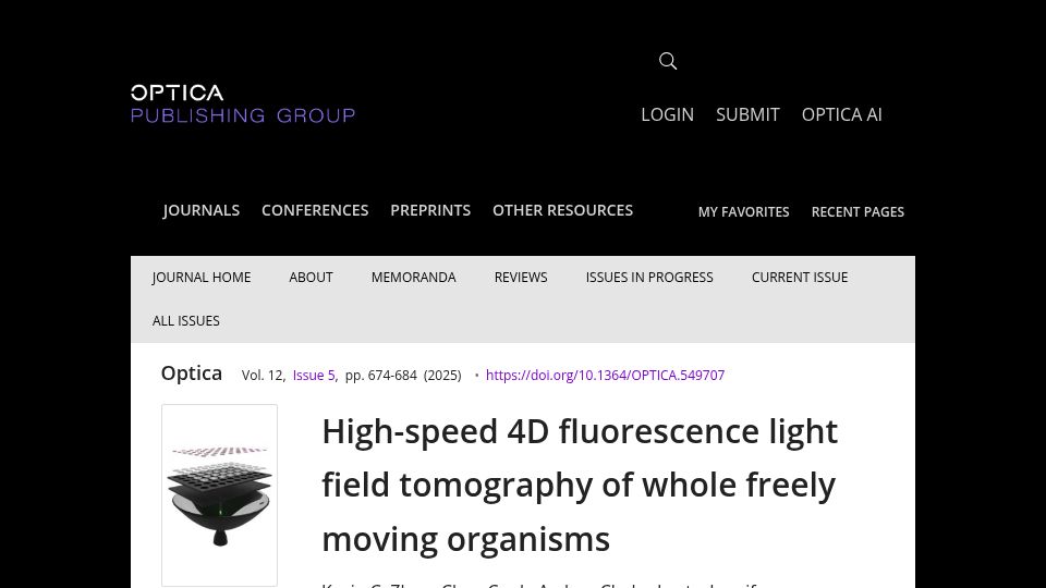 Screenshot of opg.optica.org: High-speed fluorescence light field tomography of whole freely moving organisms