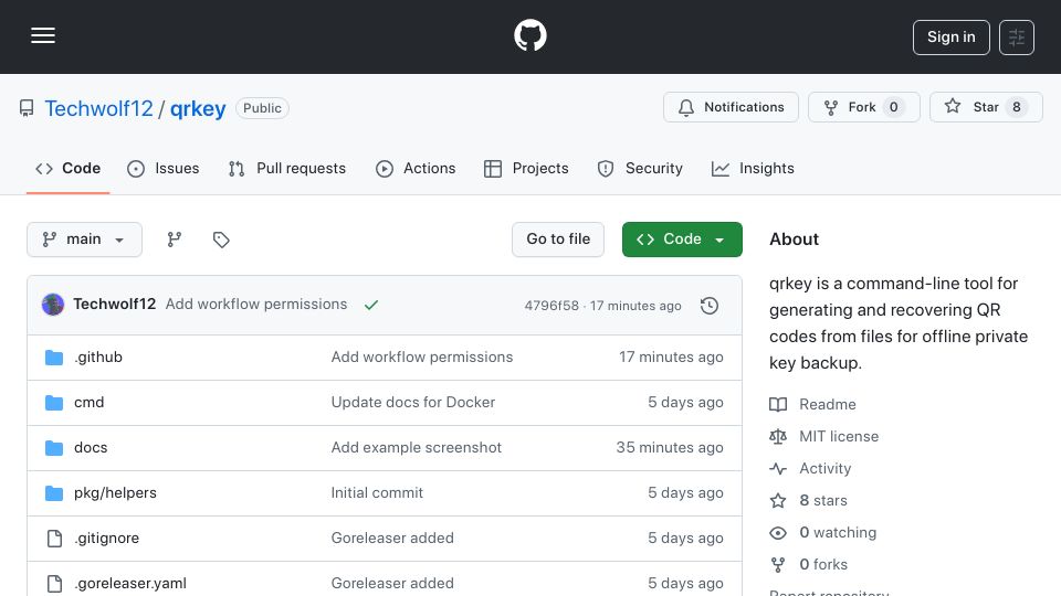 Screenshot of github.com: Show HN: Qrkey – Offline private key backup on paper