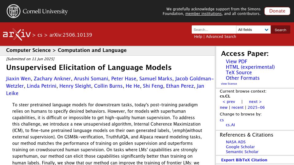 Screenshot of arxiv.org: Unsupervised Elicitation of Language Models
