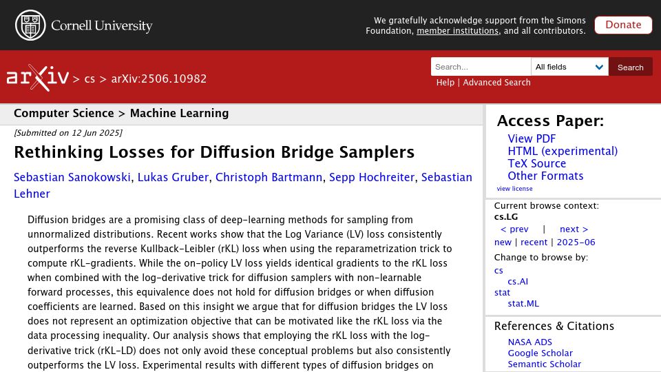 Screenshot of arxiv.org: Rethinking Losses for Diffusion Bridge Samplers