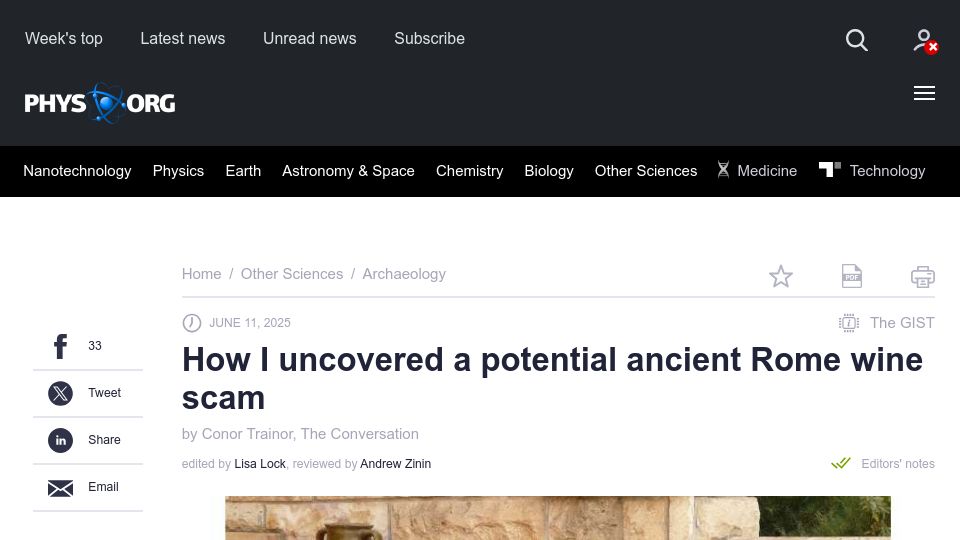 Screenshot of phys.org: How I uncovered a potential ancient Rome wine scam