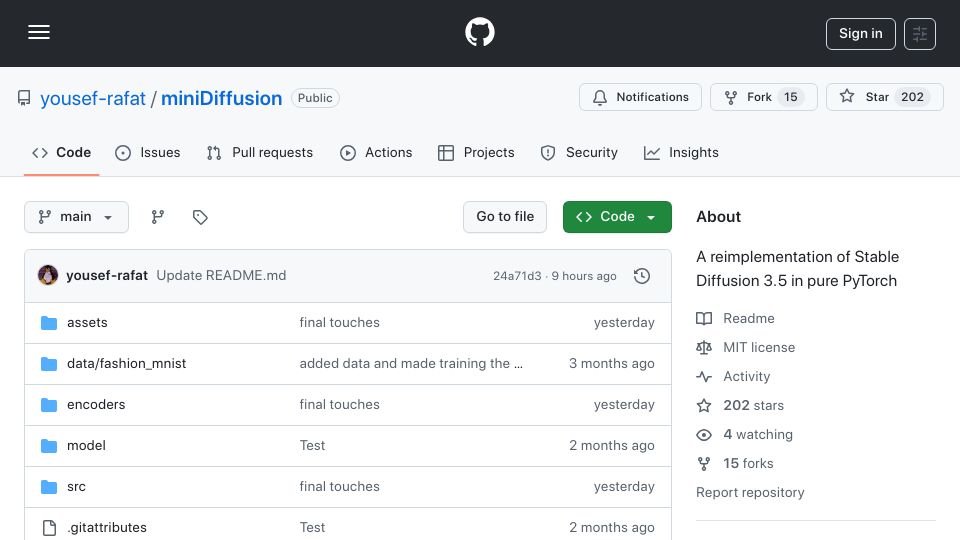 Screenshot of github.com: I have reimplemented Stable Diffusion 3.5 from scratch in pure PyTorch