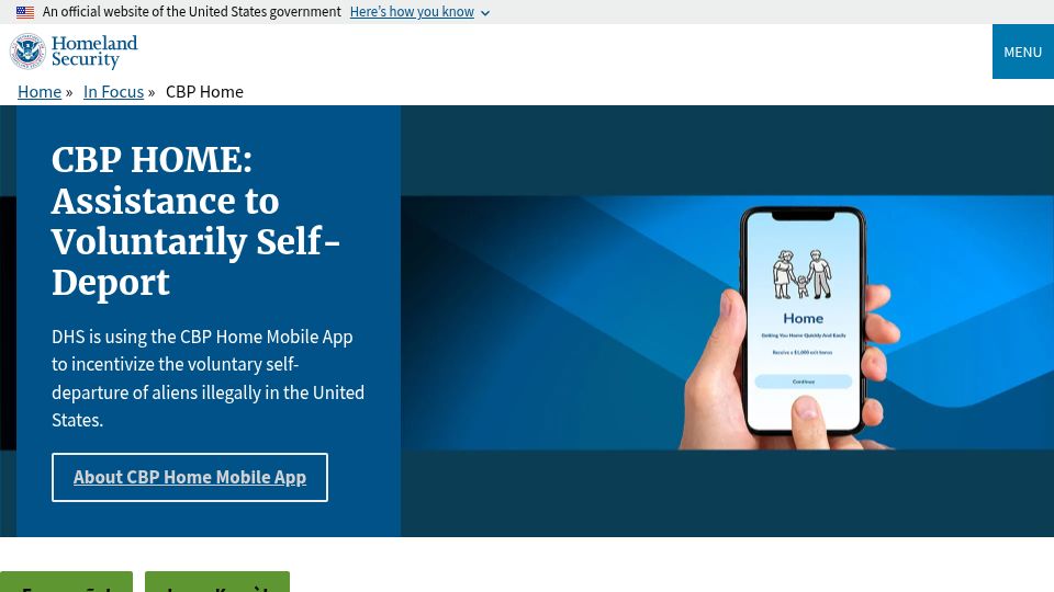 Screenshot of dhs.gov: DHS is using CBP Home Mobile App to incentivize the voluntary self-deportation