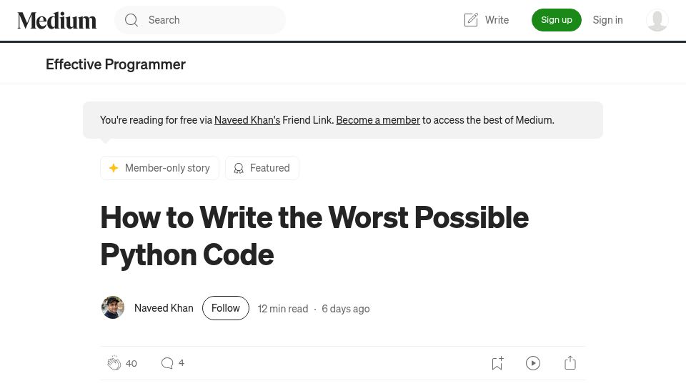 Screenshot of effective-programmer.com: How to Write the Worst Possible Python Code (Humor)