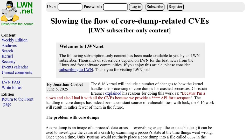 Screenshot of lwn.net: Slowing the flow of core-dump-related CVEs
