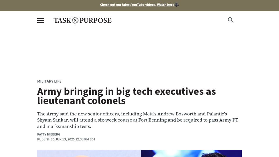 Screenshot of taskandpurpose.com: U.S. Army bringing in big tech executives as lieutenant colonels