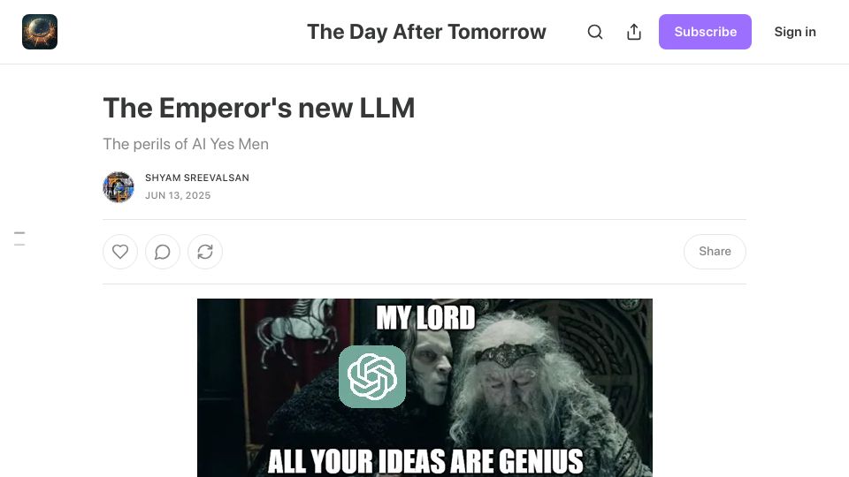 Screenshot of dayafter.substack.com: The Emperor's New LLM