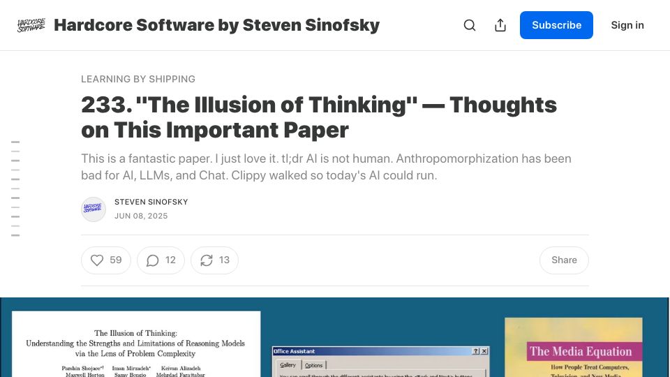 Screenshot of hardcoresoftware.learningbyshipping.com: "The Illusion of Thinking" – Thoughts on This Important Paper