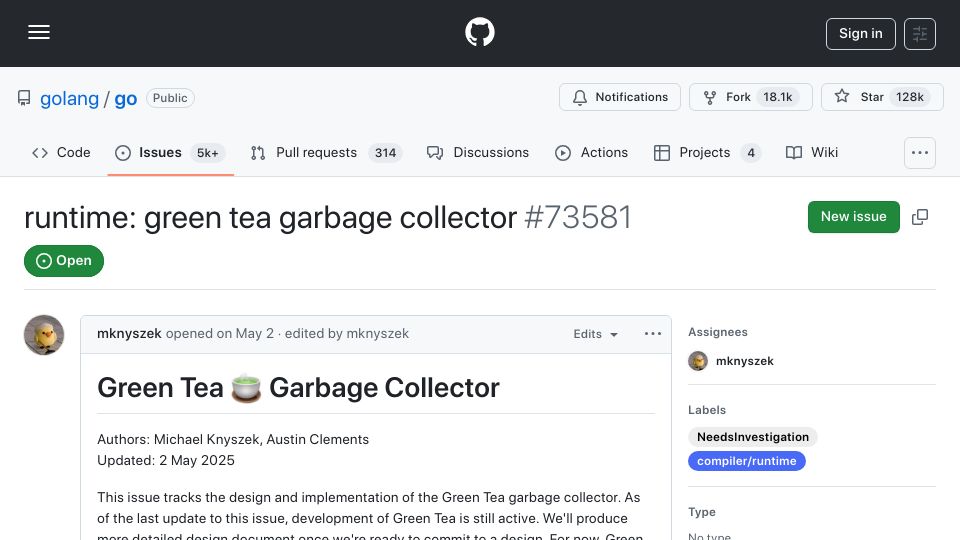 Screenshot of github.com: Green Tea Garbage Collector