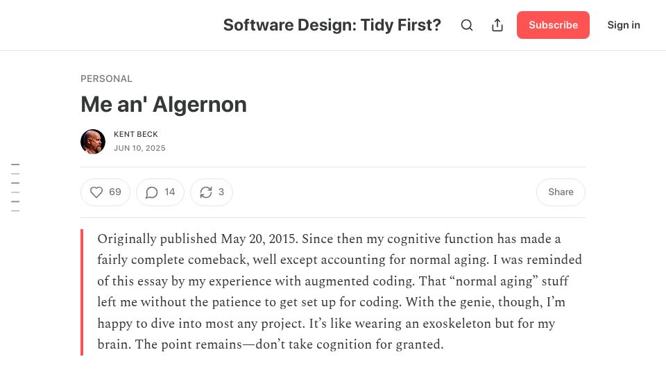 Screenshot of tidyfirst.substack.com: Me an' Algernon – grappling with (temporary) cognitive decline