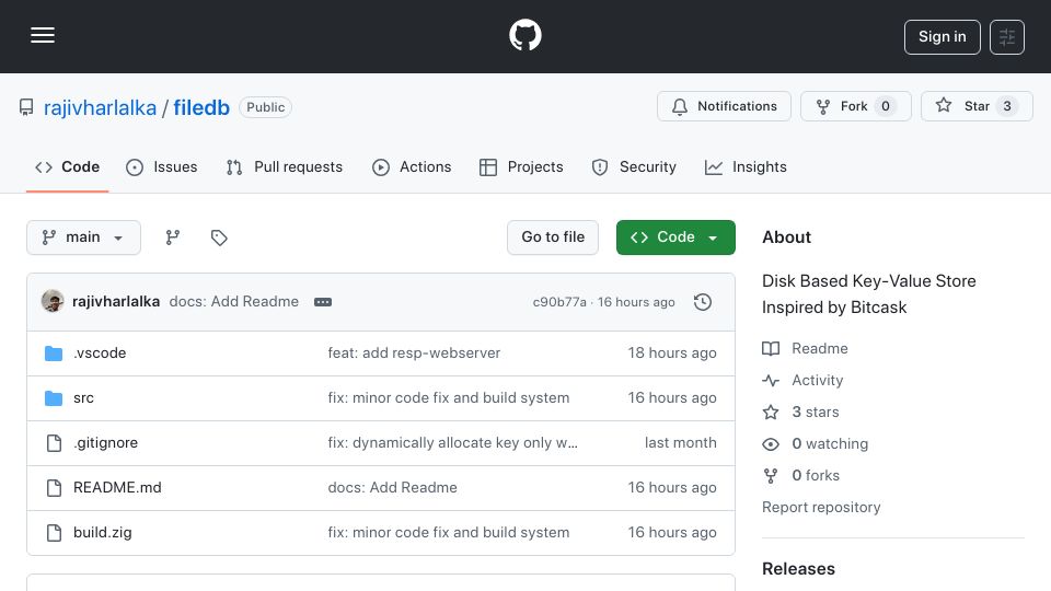 Screenshot of github.com: Filedb: Disk-based key-value store inspired by Bitcask