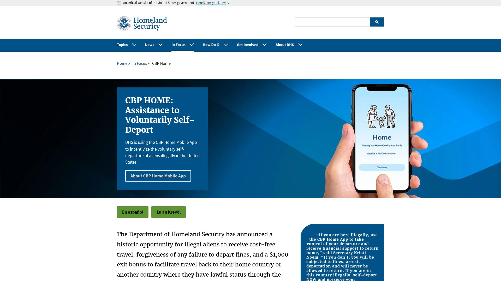 Screenshot of dhs.gov: DHS is using CBP Home Mobile App to incentivize the voluntary self-deportation