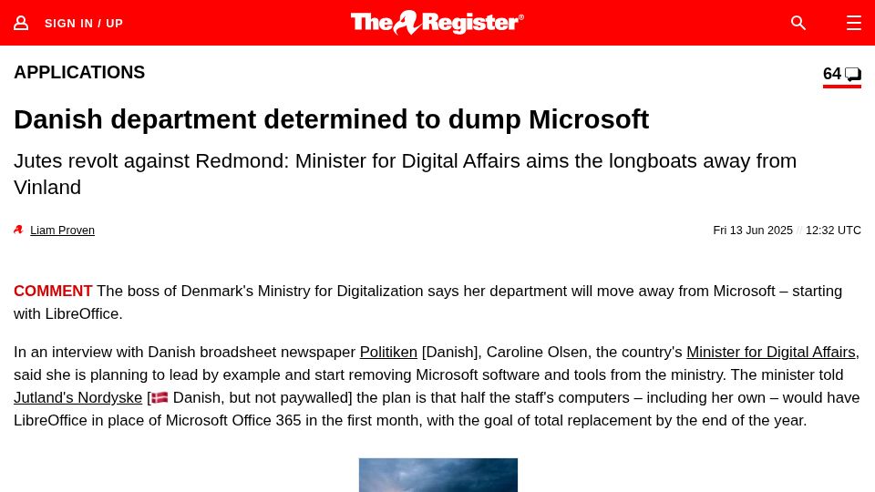 Screenshot of theregister.com: Danish department determined to dump Microsoft