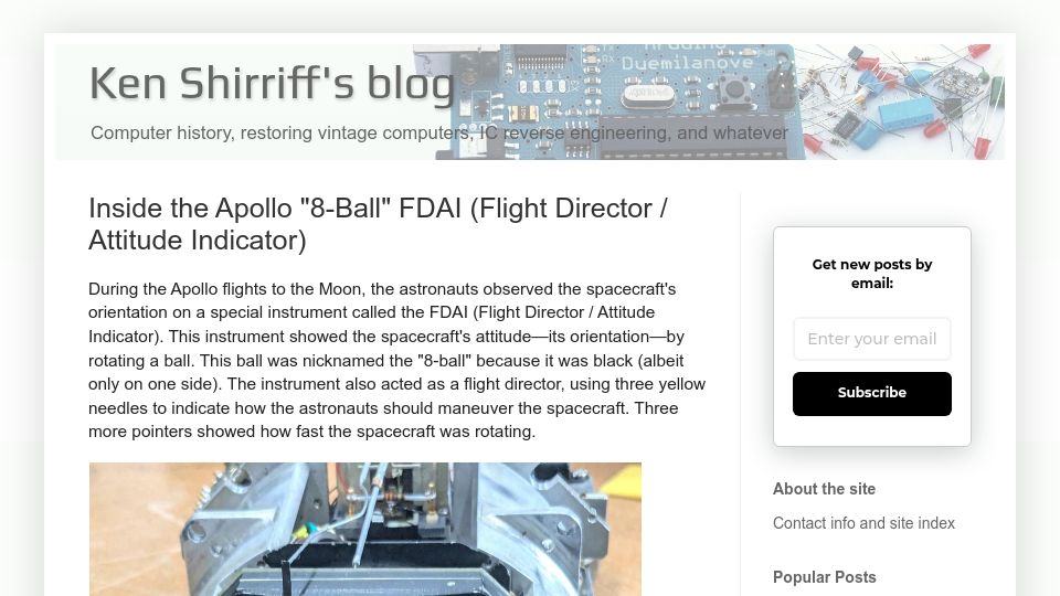 Screenshot of righto.com: Inside the Apollo “8-Ball” FDAI (Flight Director / Attitude Indicator)