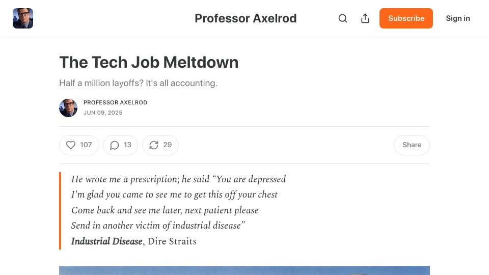 Screenshot of professoraxelrod.com: The Tech Job Meltdown