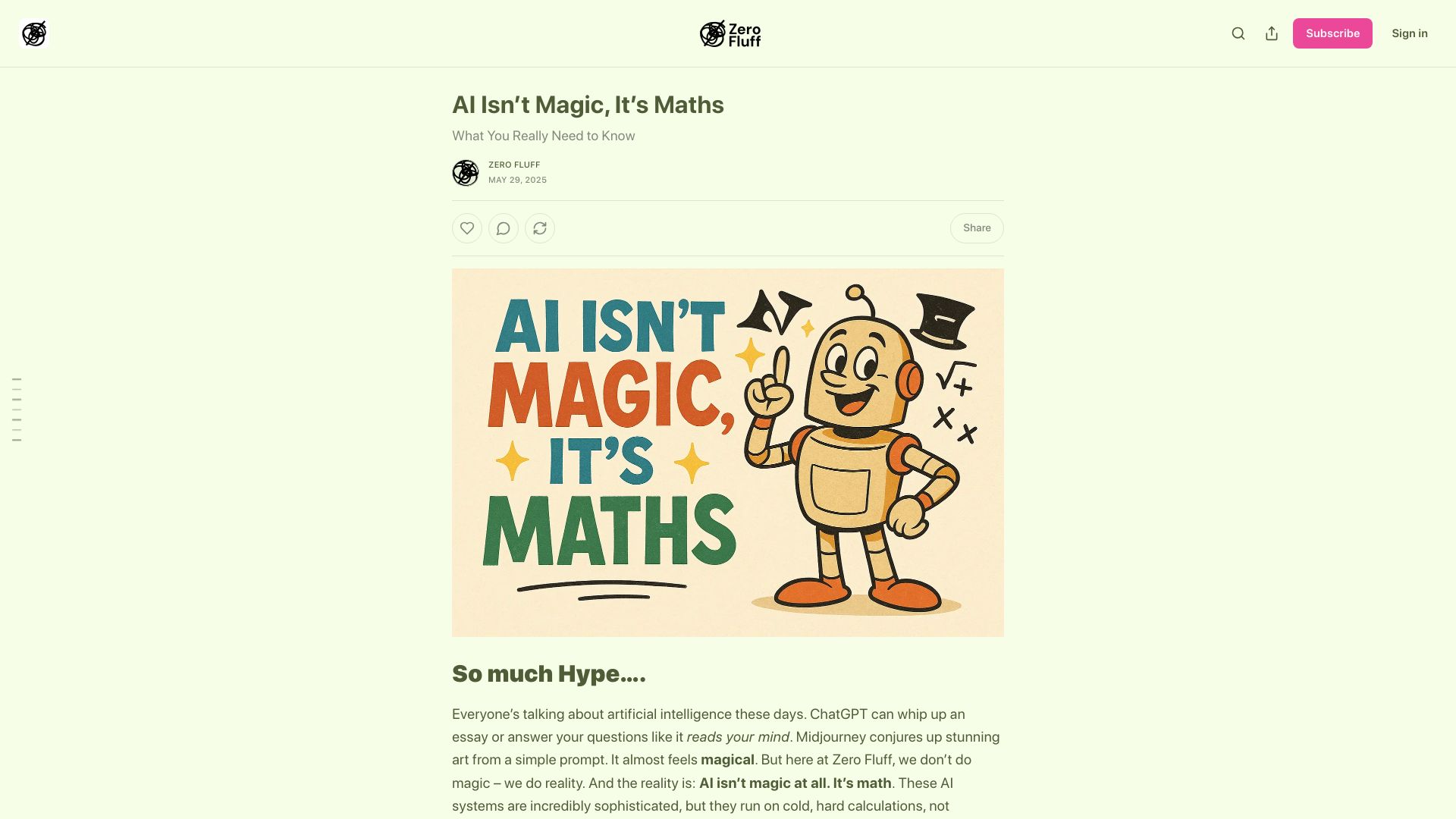 Screenshot of zerofluff.substack.com: AI Isn't Magic, It's Maths