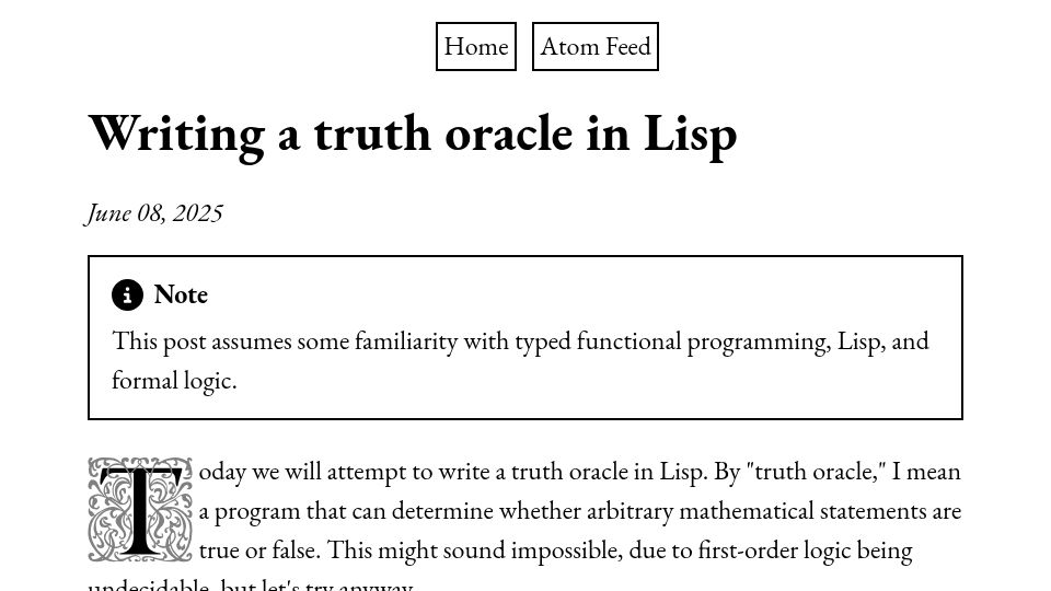Screenshot of lambda-cove.net: Writing a Truth Oracle in Lisp