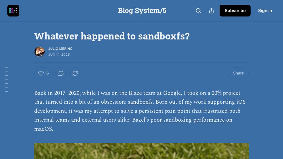 Screenshot of blogsystem5.substack.com: Whatever Happened to Sandboxfs?