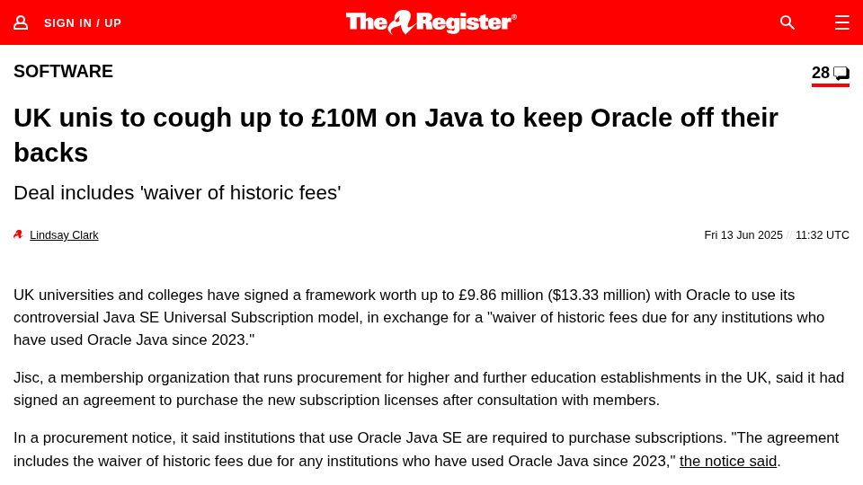 Screenshot of theregister.com: UK unis to cough up to £10M on Java to keep Oracle off their backs