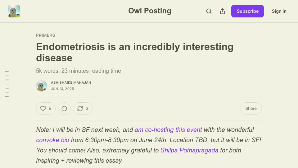 Screenshot of owlposting.com: Endometriosis is an interesting disease