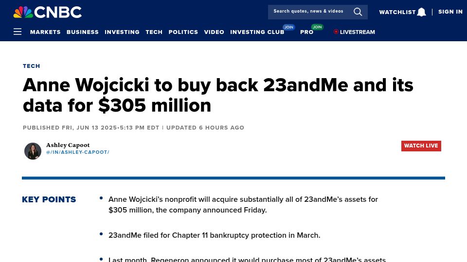 Screenshot of cnbc.com: Anne Wojcicki to buy back 23andMe and its data for $305M