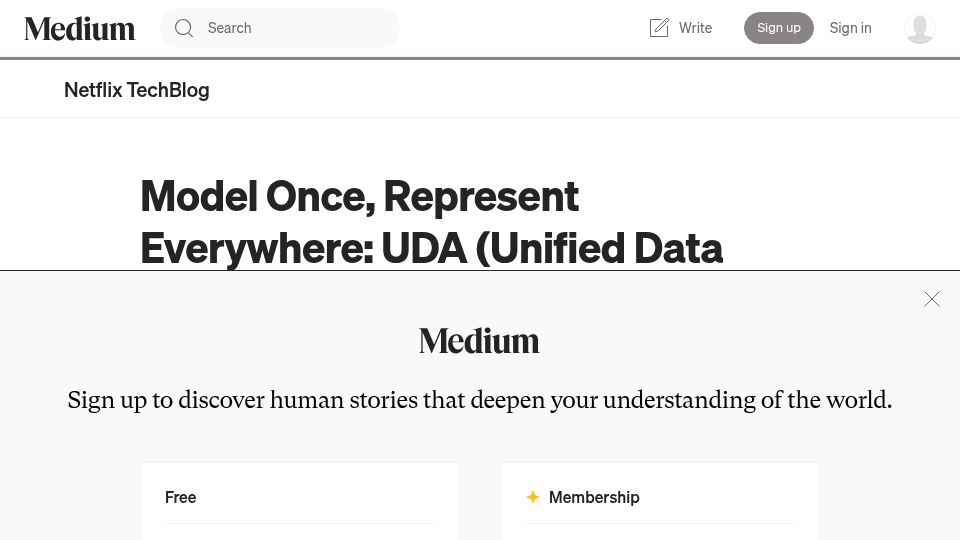 Screenshot of netflixtechblog.com: Model Once, Represent Everywhere: UDA (Unified Data Architecture) at Netflix