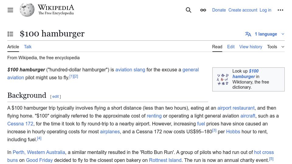 Screenshot of en.wikipedia.org: $100 Hamburger
