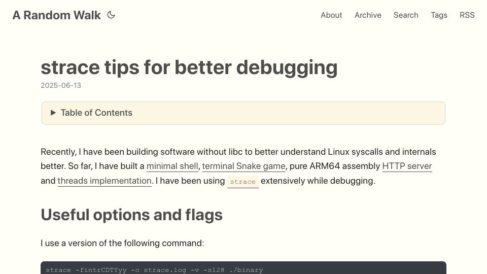 Screenshot of rrampage.github.io: Strace Tips for Better Debugging
