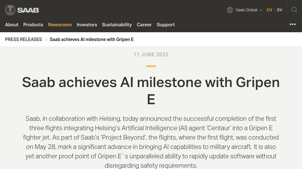 Screenshot of saab.com: Saab achieves AI milestone with Gripen E