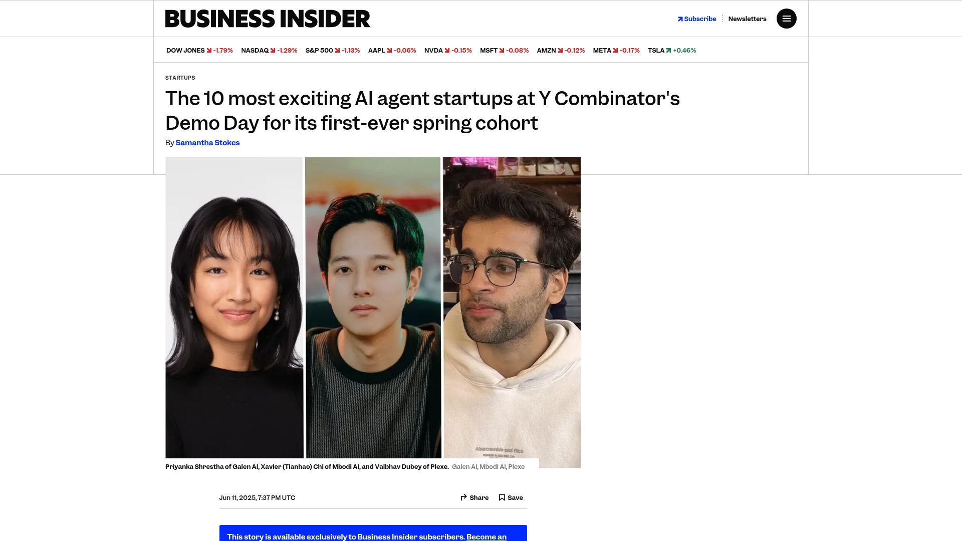 Screenshot of businessinsider.com: AI agent startups at Y Combinator’s Spring ’25 Demo Day